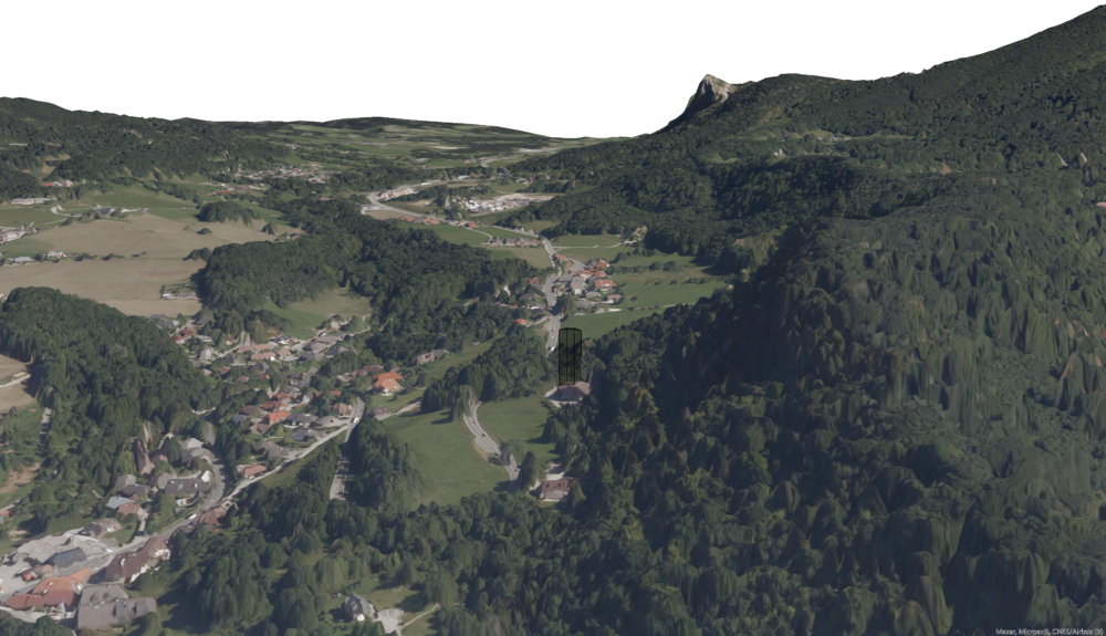 Image 2: Looking towards the East from Salzburg, into the valley separating the Nockstein and Gaisberg (on the right) from the Heuberg (on the left). The proposed Hotel of 50m height is simulated with a polygon.