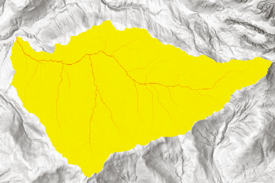 Image 8: Flow accumulation visualization. Yellow areas show that ony a handfull of cells drain into those cells, while red show high numbers up until the amount of 429.220 at  the pour point. Since the red lines show accummulations of runoff, they can already be considered as representations of streams in the catchment area.