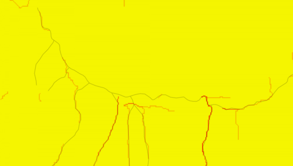 Image 13: Screenshot of flow accummulation layer without previous filling, the streams that should be visible are superposed in gray with a high transparency.