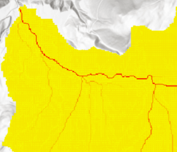 Image 14: Screenshot of flow accummulation with previous filling, for comparison.