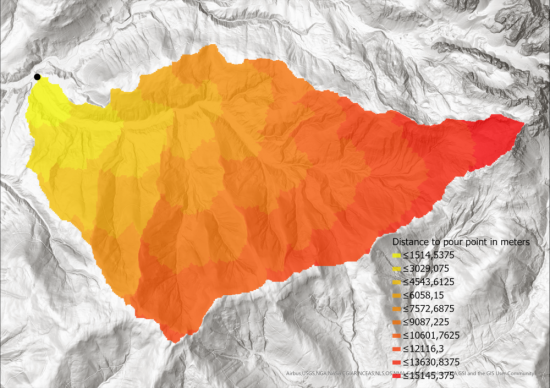 Image 9: Visualization of equi-distance areas, based on flow-length raster. Classified in 10 classes of the same size.