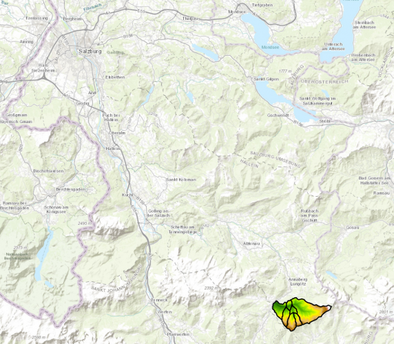 Image 1: Location of the study area in relation to Salzburg. Study area is already visualized as DEM.