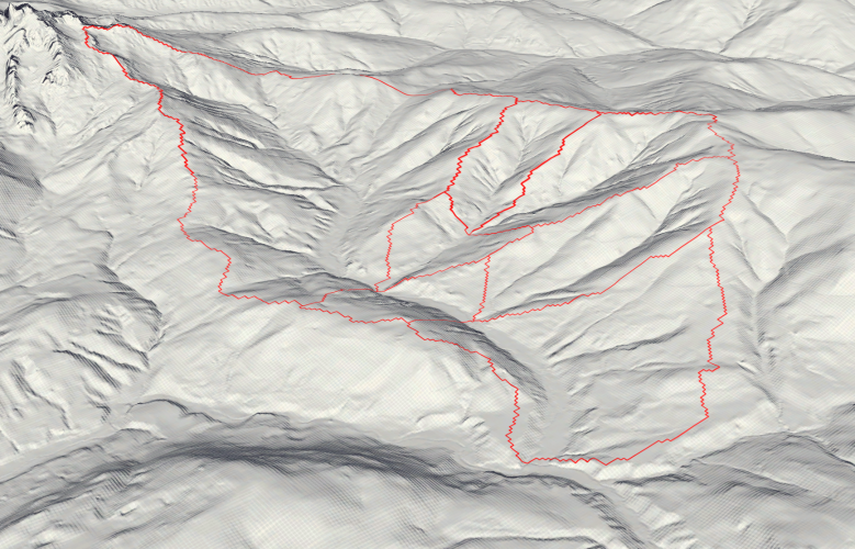 Image 2: 3D Hillshide visualization of the catchment area. The red zones deliniate the multiple catchment areas that eventually drain into the Neubach.