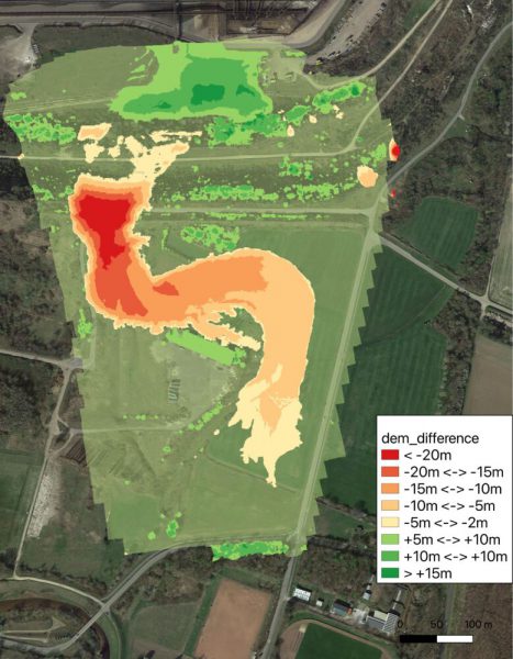 Image 11: Difference in elevation from before and after the event, classified. In addition to the erosion of the canyon, the accumulation of material in the mine is also visible, raising the terrain by up to 15m.