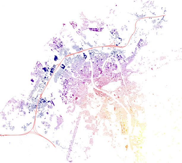 Image 5: Distance from buildings to Motorways visualized.