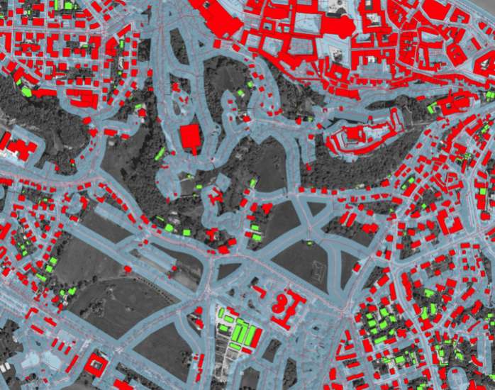 Image 8: Visualized result of that query. The query results in a layer of buildings that do not intesect the buffer and are therefore out of the zone, shown here in green. In red, buildings that are within the zone are visualized.