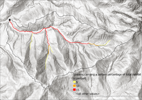 Image 11: Streams carrying at least 5%, 10% and 15% odf the total rainfall of the catchment area, which is shown as the grey line.