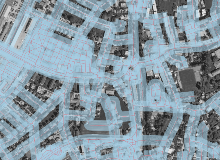 Image 6: Close-up of the 20m buffer around the roads, b/w satellite image in the background. The buffer is partially transparent in order to show the many overlapping features of the individual buffers.