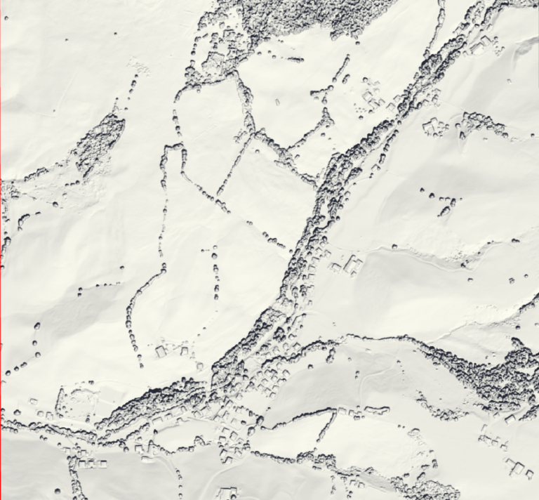 Image 3: Hillshade visualization for the sun's azimuth and angle on the 21st of June (summer solistice).