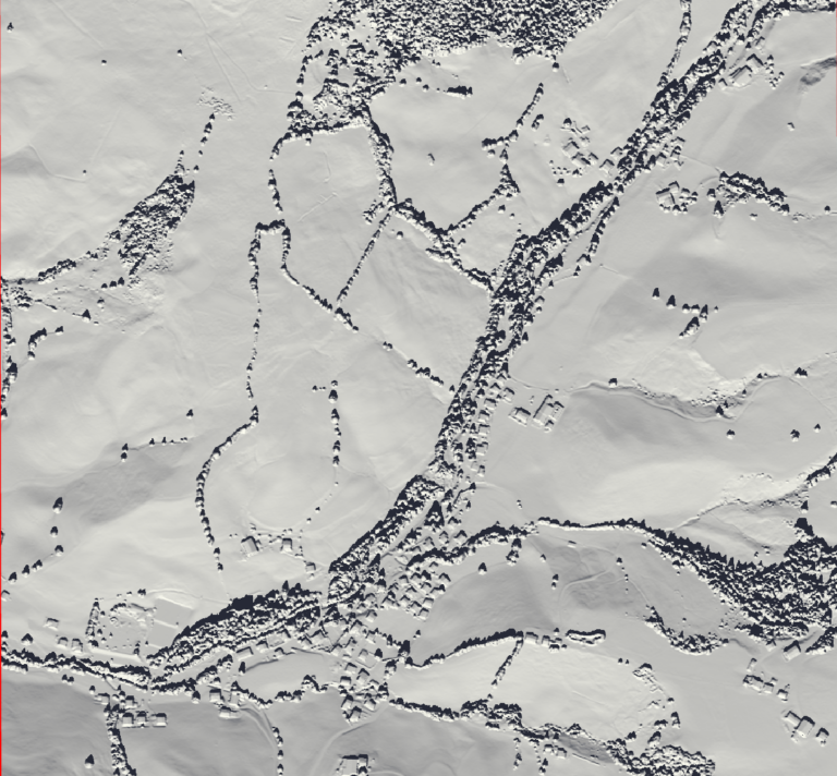 Image 2: Hillshade visualization for the sun's azimuth and angle on the 21st of March (spring equinox).