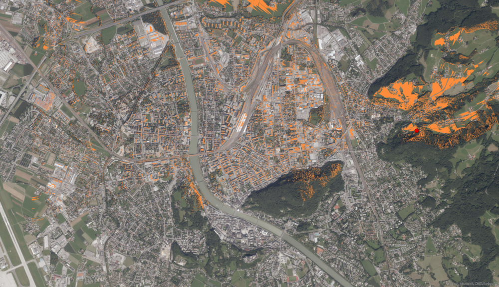 Image 3: Areas in Salzburg from which the tower will be visible, highlighted in orange. The tower is marked in red.